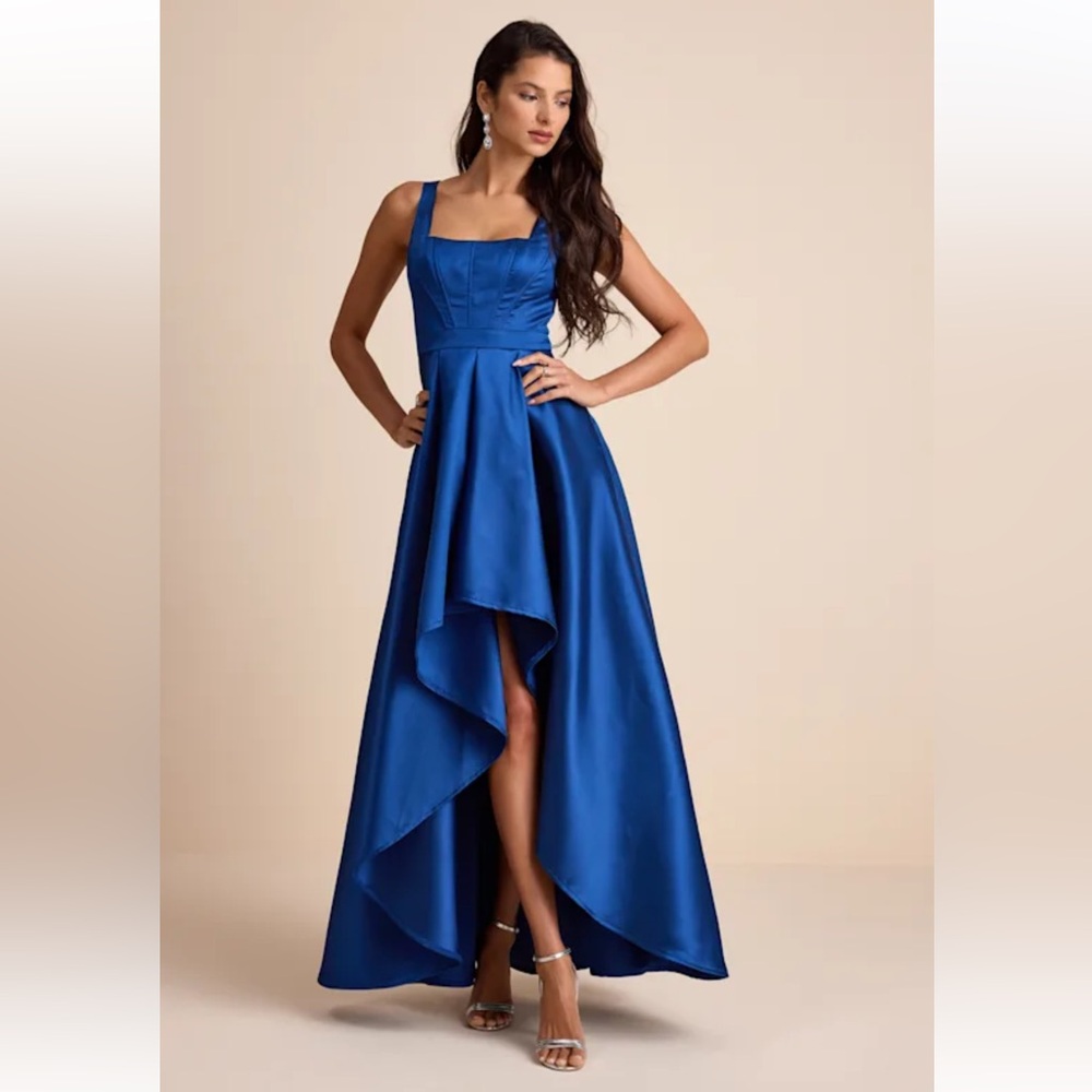 Lulus Wisola Blue Taffeta Pleated Corset  High-Low Msxi Dress Size S New #3G